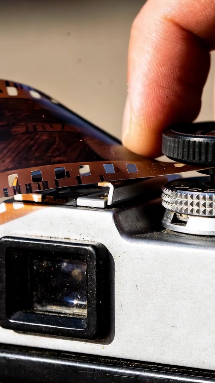 Video verticale: Dito che spinge la manopola per caricare dopo il lembo iniziale sulla fotocamera, pellicola da 35mm che viene tirata per caricare.