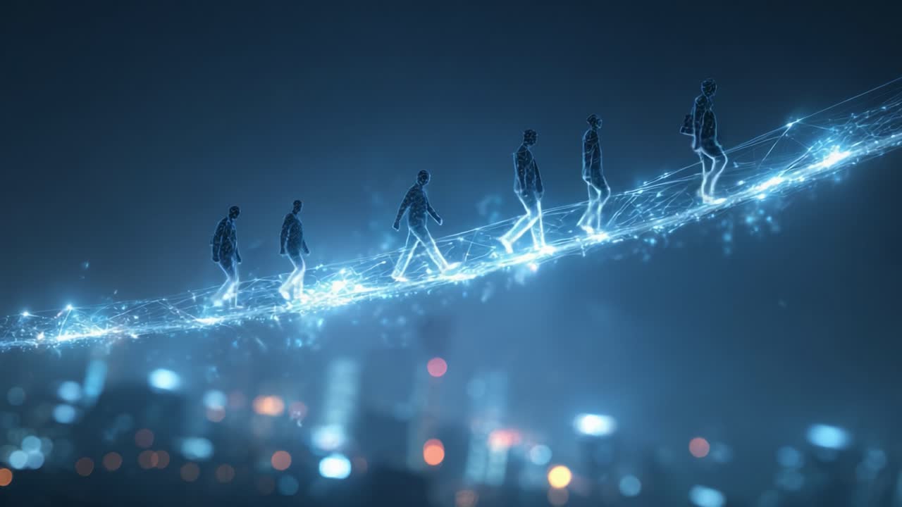 Capturing the Journey of Human Progress: A Spectacular Visual Representation of Digital Figures Walking Along a Glowing Pathway, Symbolizing Innovation and Connectivity in a Futuristic Cityscape
