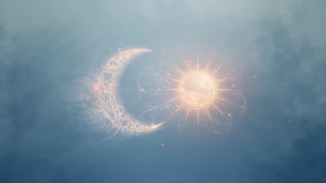 Emerging faint crescent and sun-like orb forming over pale blue sky, with glowing nodes