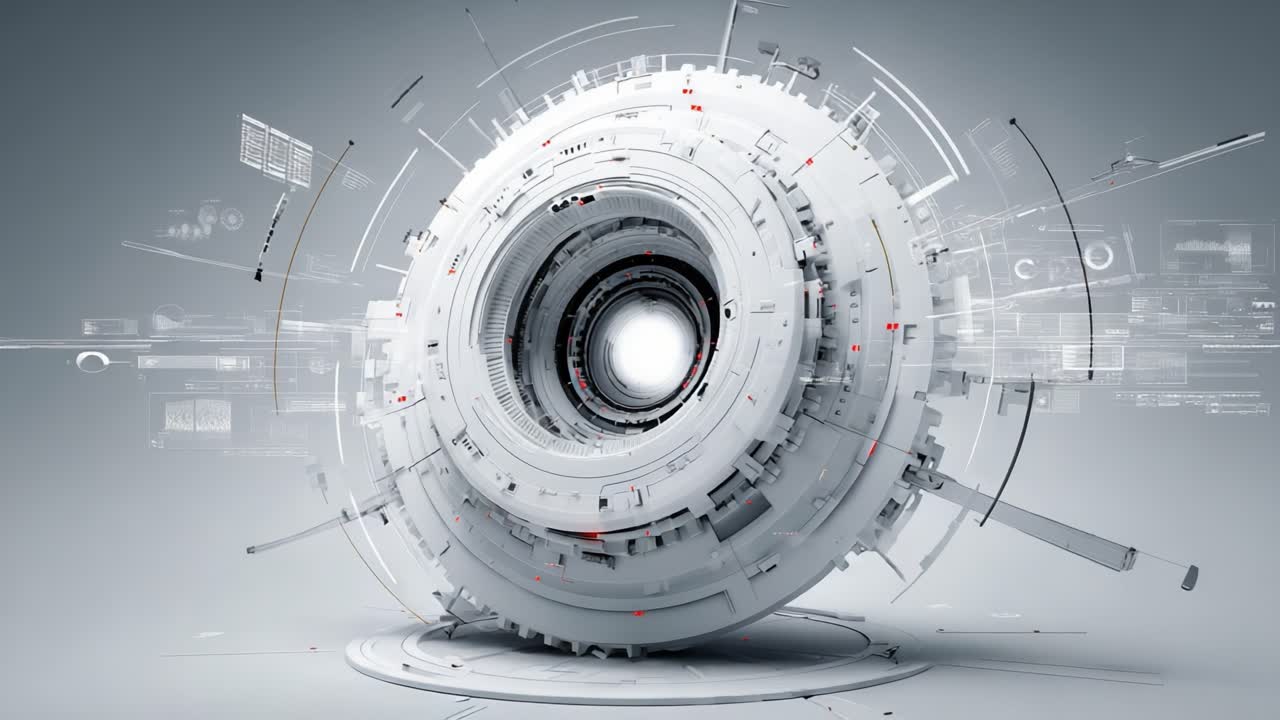 A futuristic spherical structure displaying intricate mechanical design and digital interfaces, symbolizing advanced technology and innovation in a sleek, modern environment