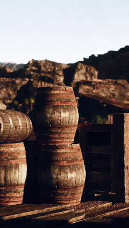 wooden barrels in a desert landscape