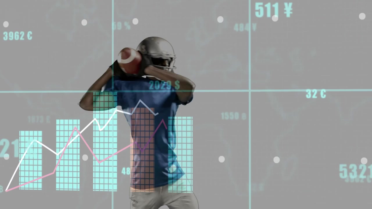 Numeric overlays guiding footballer gripping ball, throwing pass as sports analytics charts filling