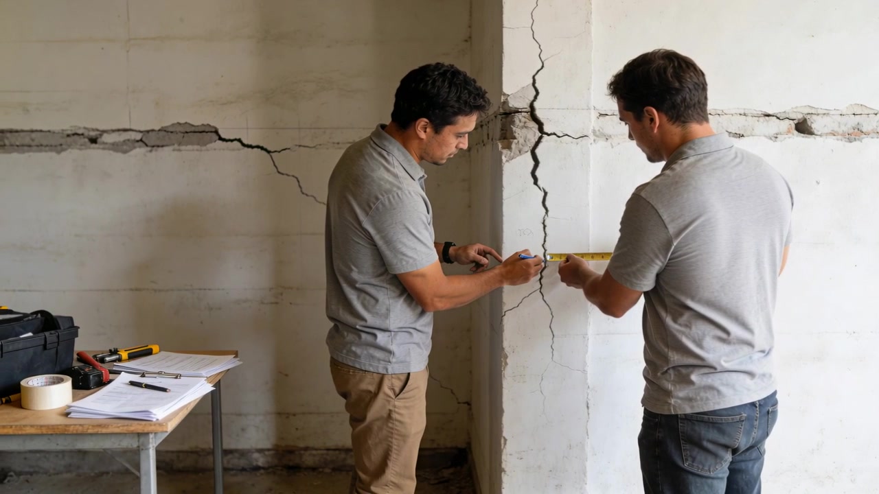 Extending tape measure, men in gray polos measuring and marking column crack inside room for survey