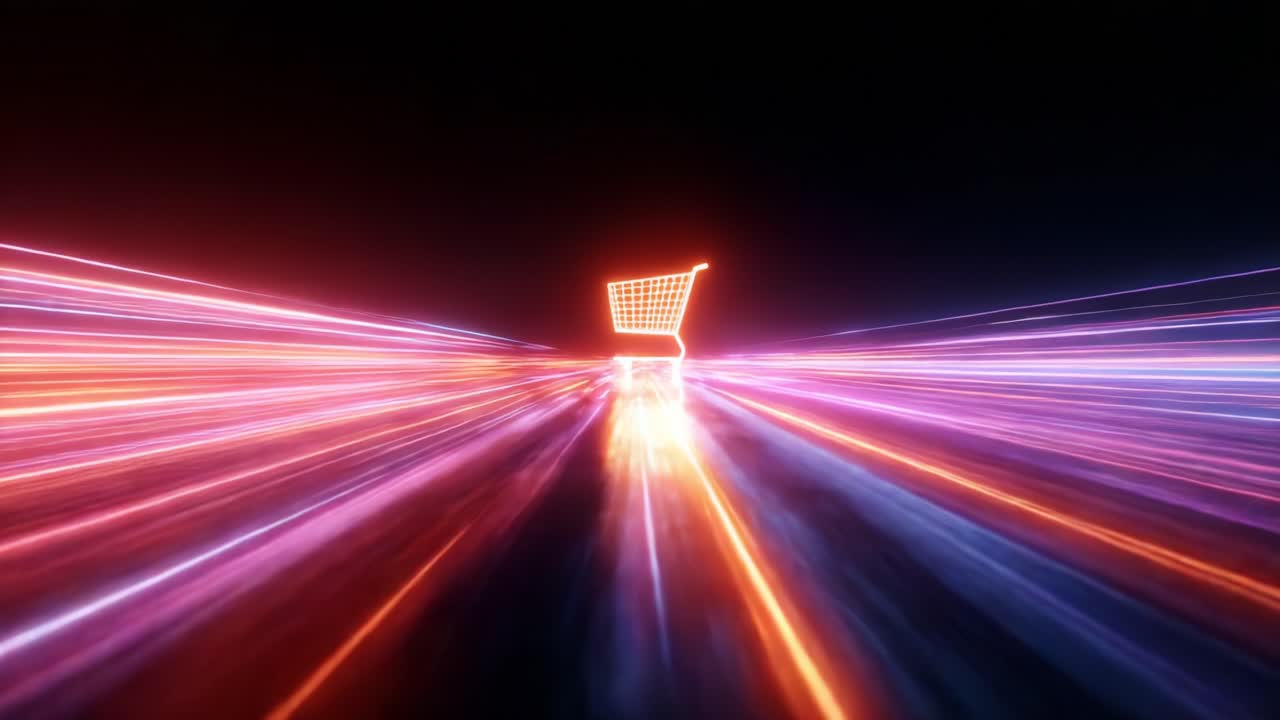 Un carrello stilizzato si illumina su uno sfondo dinamico di luci al neon pulsanti, a simboleggiare la fusione moderna di e-commerce e tecnologia visiva nelle esperienze di vendita al dettaglio