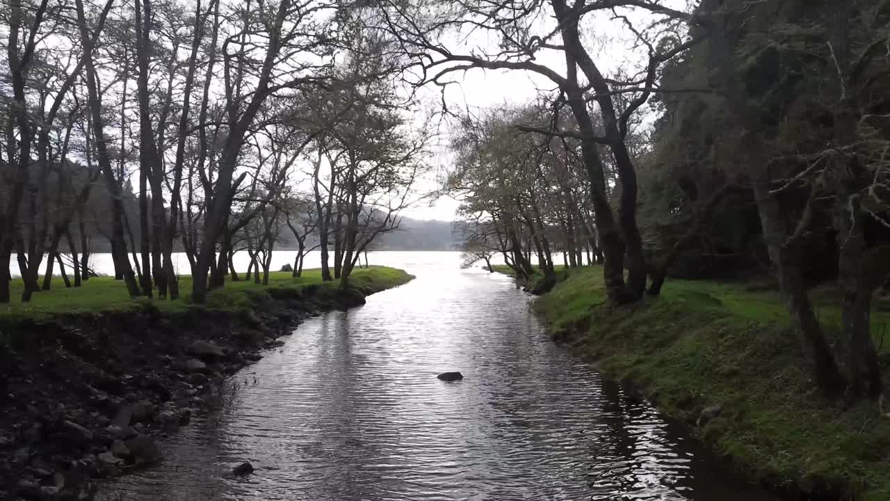 호수로 흐르는 강 위를 드론으로 비행
