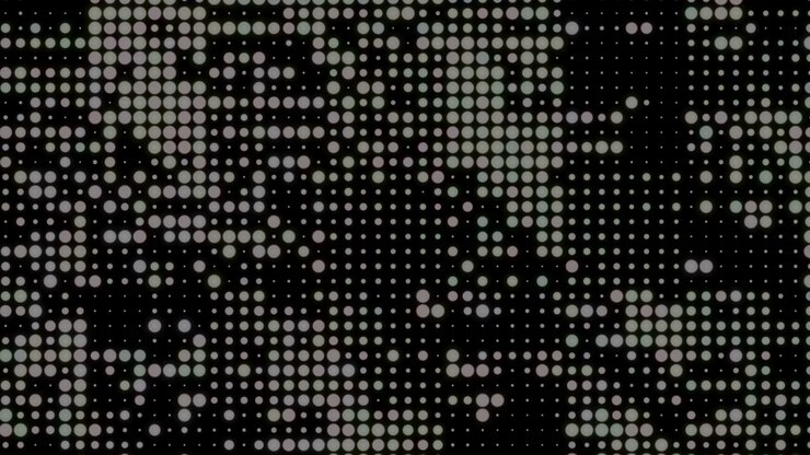 A minimalist halftone dot pattern pulses dynamically across a dark digital matrix, serving as an abstract audio visualizer and data grid background.