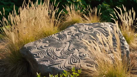 carved rock sculpture in a garden