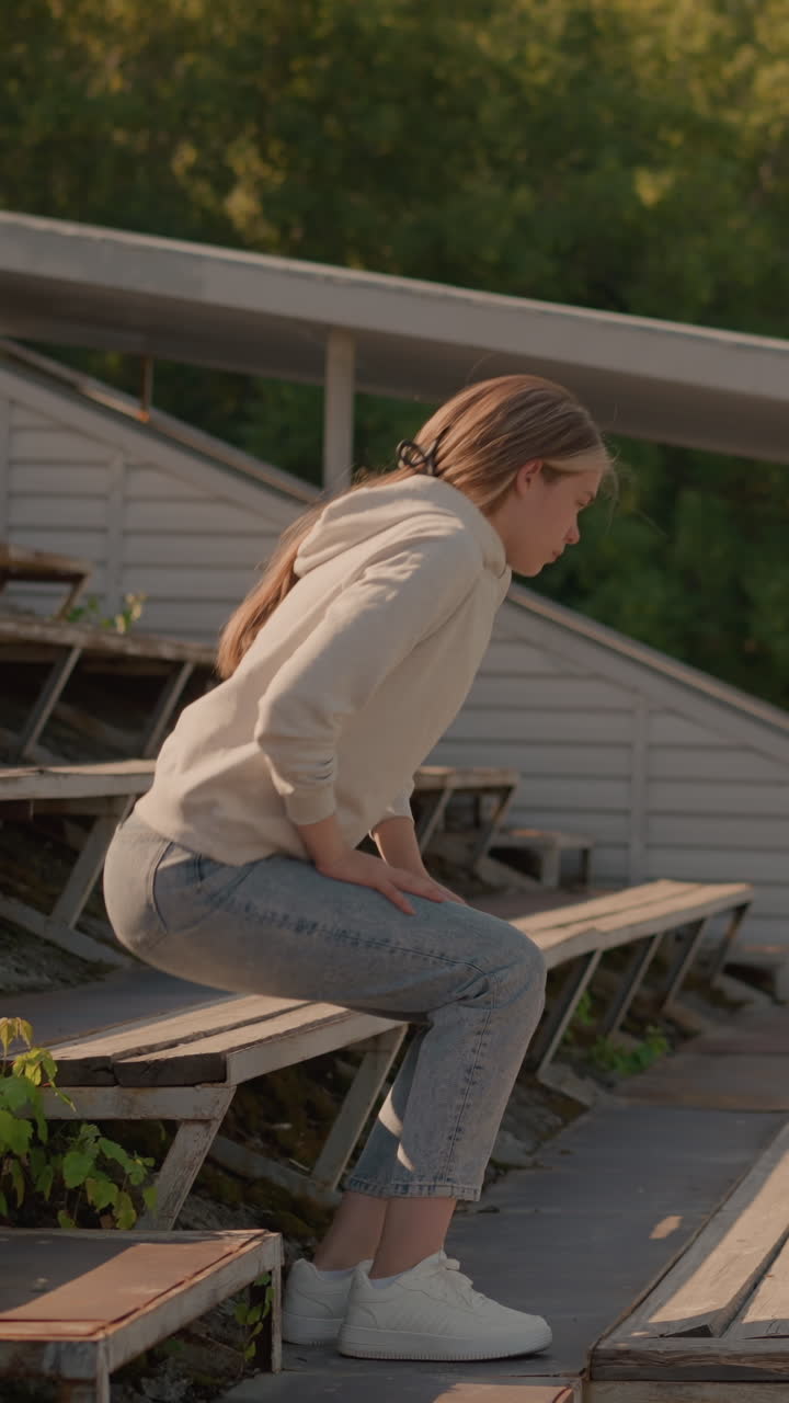 una dama camina por un estadio rústico sentada en una postura relajada, vestida casualmente con vaqueros y sudadera con capucha, poniendo la mano en la barbilla, el fondo incluye gradas vacías, postes eléctricos y árboles verdes exuberantes