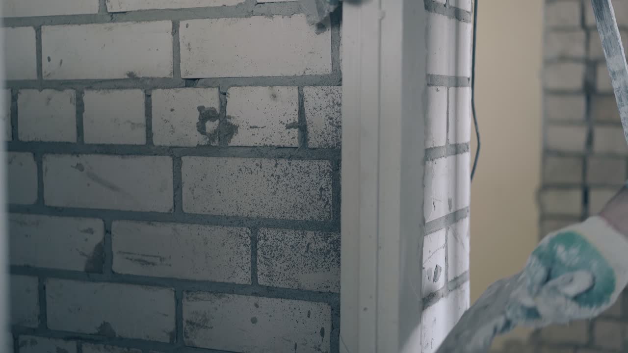 한 사람 이 벽돌 벽 에 있는 지프스판 선 을 손 으로 고치고 있다