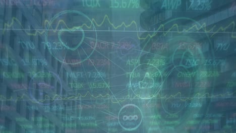 animación del mercado de valores y red de conexiones sobre el paisaje urbano