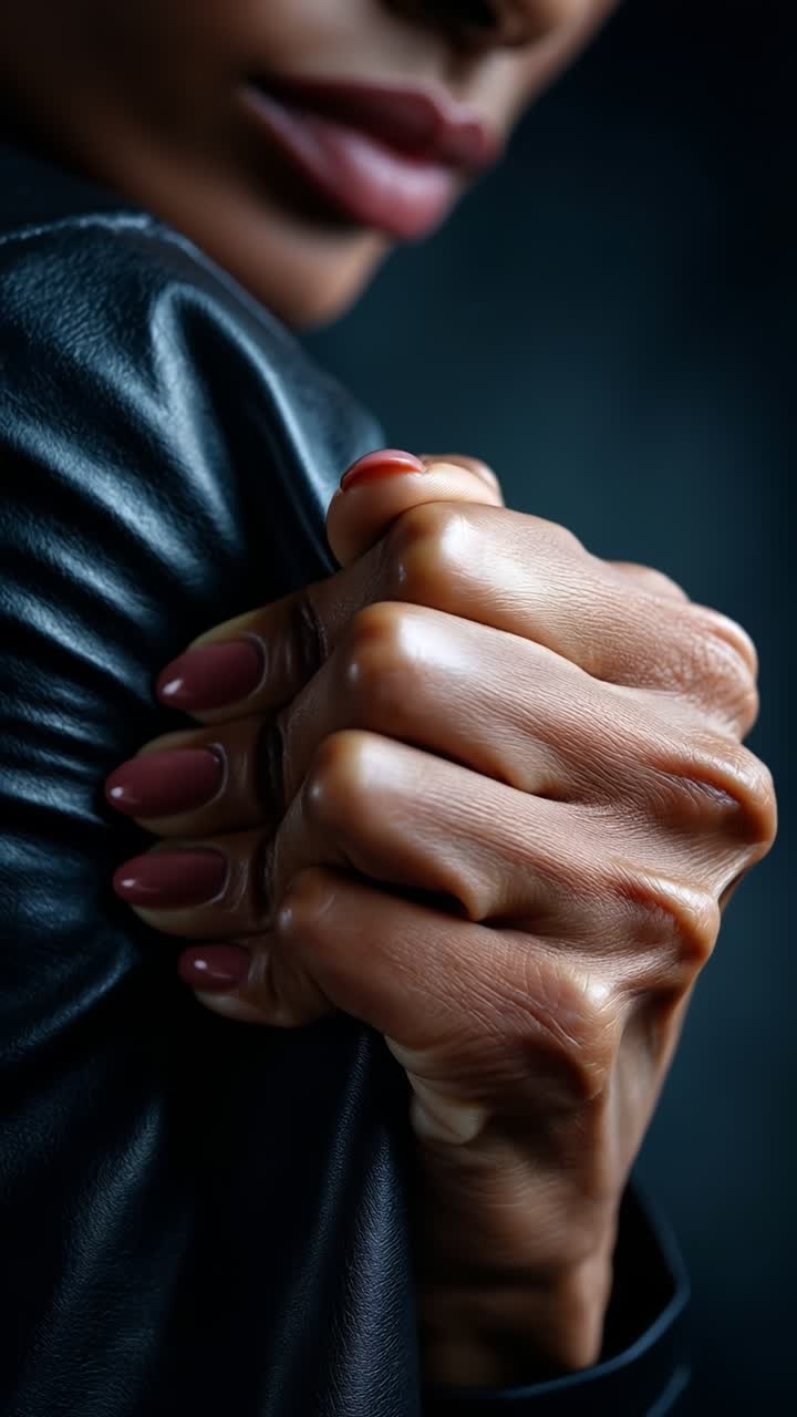 Primer plano extremo de una mano femenina con manicura elegante apoyada en el hombro de una chaqueta de cuero negra