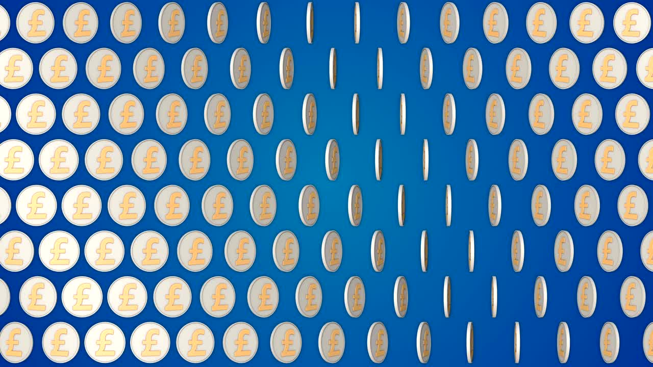 영국 파운드, 영국 돈, 파란색 배경, 회전 동전