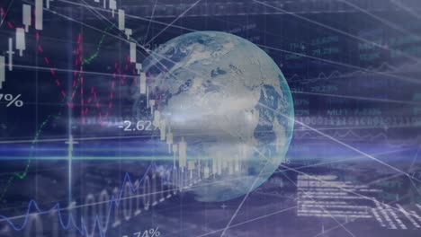 animation of globe over stock market display in the background.