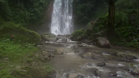 Low-angle-dolly-shot-over-flowing-stream-and-falling-Gitgit-Waterfall-in-background---Jungle-of-Bali,Indonesia