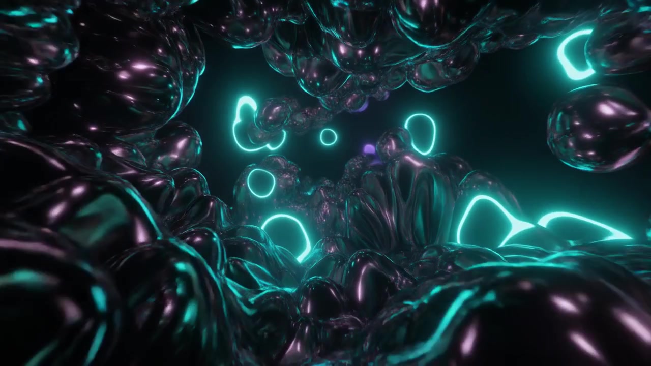 Animación 3D abstracta de esferas líquidas de neón brillantes en el espacio oscuro