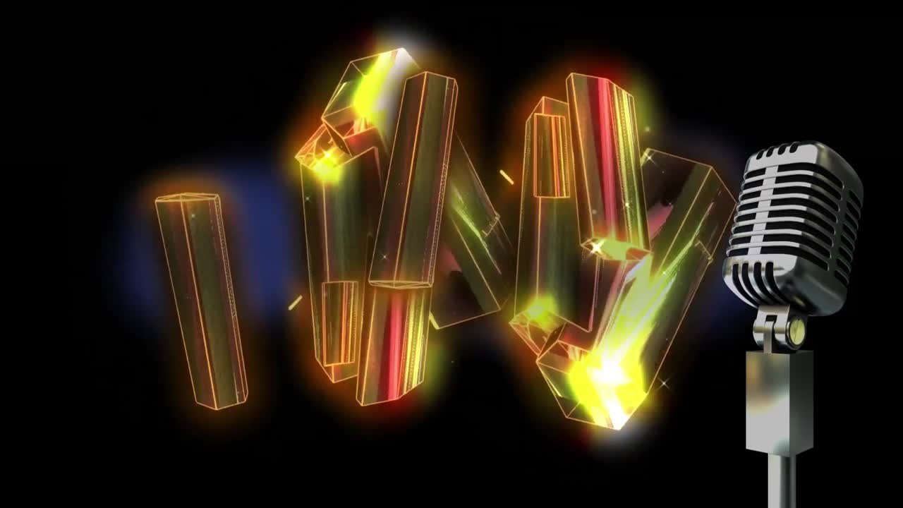 검은색 배경에 디지털 모양과 빈티지 마이크의 애니메이션