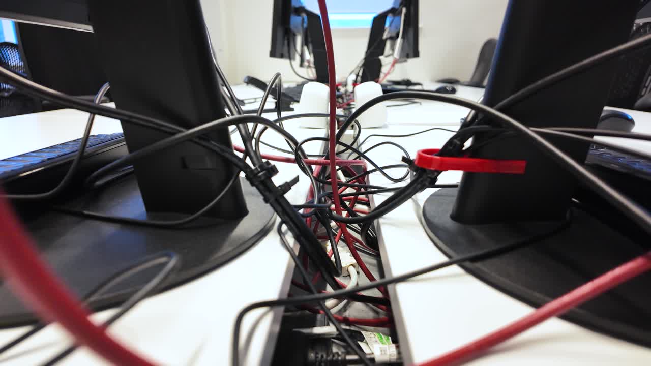 Close up of tangled wires and cables behind monitors, creating a messy and disorganized workspace. low angle, dolly