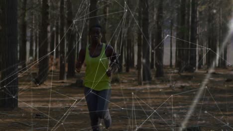 animación de la red de conexiones sobre la mujer corriendo haciendo ejercicio en el bosque