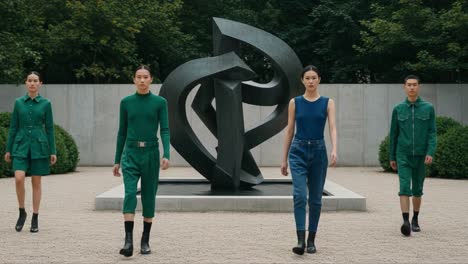 fashion showcase: models strut in coordinated green outfits against a modern sculpture in a stylish outdoor setting