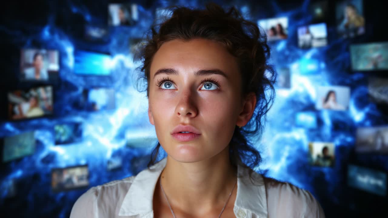 An Introspective Moment: A Young Woman Gazes Upward Surrounded by a Cloud of Digital Media Screens, Reflecting on the Vast World of Information and Possible Storylines Captured in Imagery