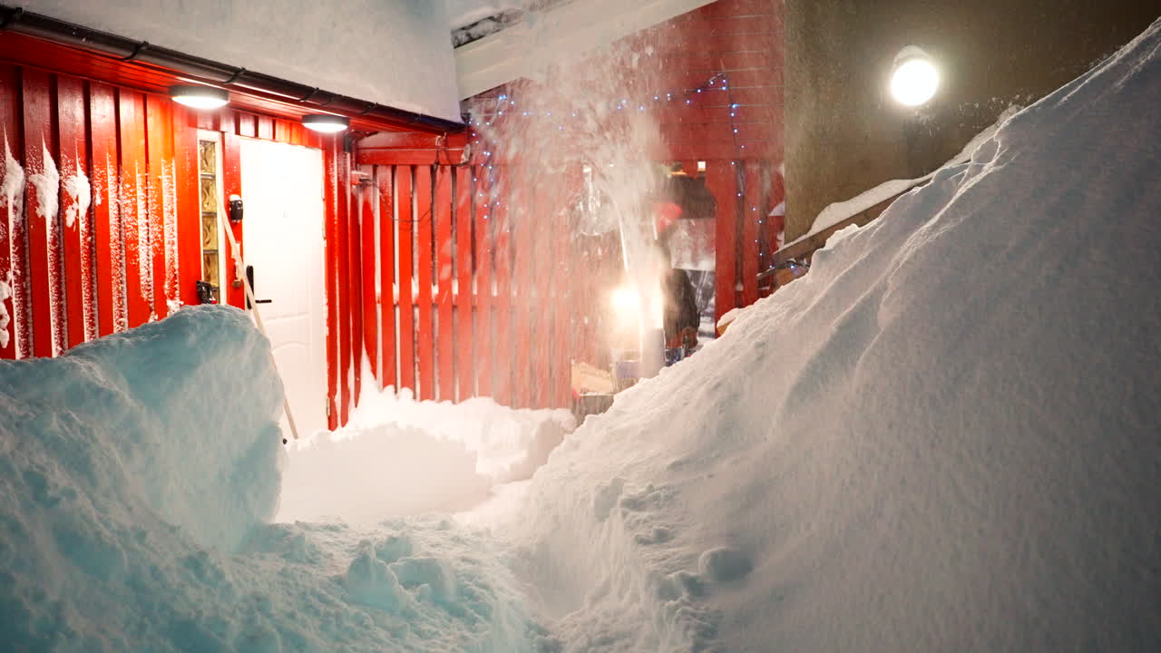 Young man guides snow plough machine, winter weather clearing tasks