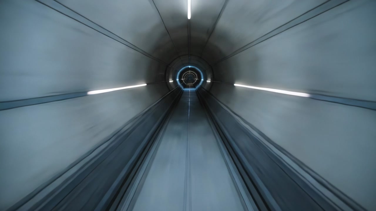 Moving camera through curved tunnel toward illuminated ring, showing parallel paths and LED glow