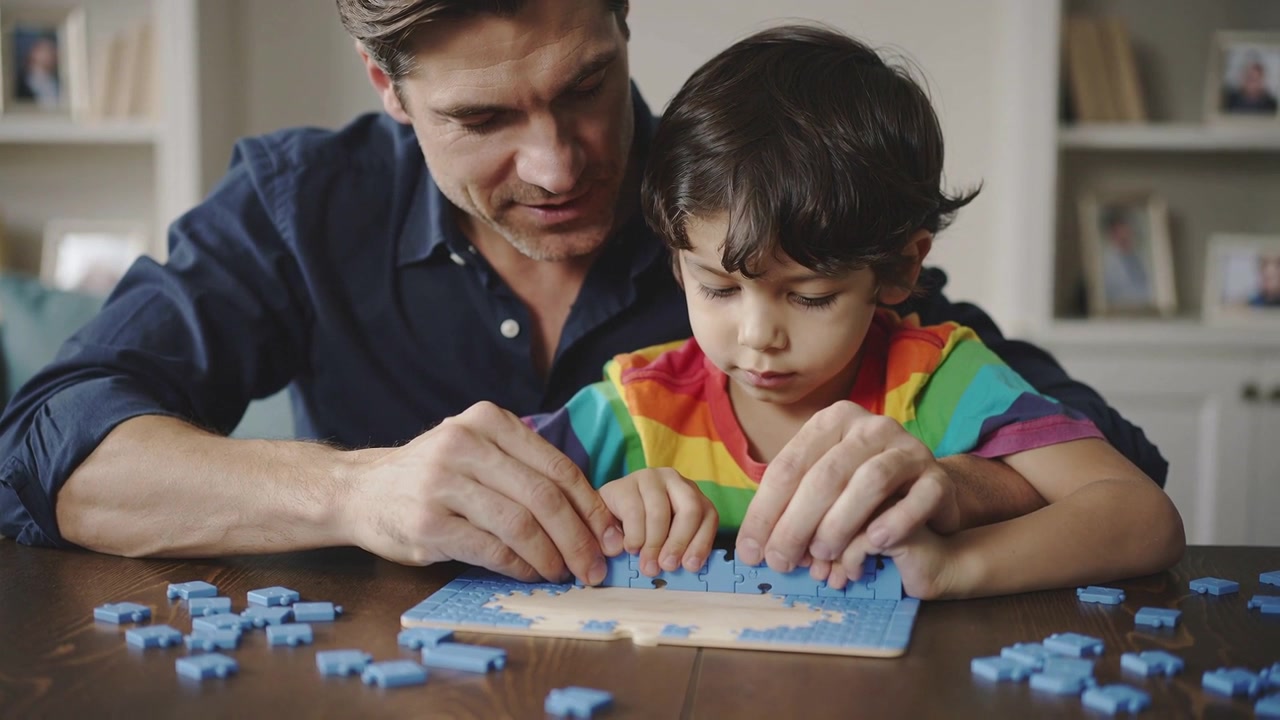 Posizionando i bordi blu, papà in camicia blu scuro che insegna al figlio con maglietta arcobaleno ad assemblare un puzzle su un tavolo di legno