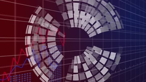 Animation-of-spinning-globe-over-statistical-data-processing-against-gradient-background