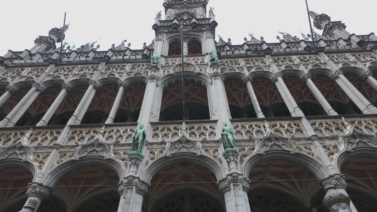 Close-up of decorative arches and statues on Brussels City Museum, Grand Place, Belgium