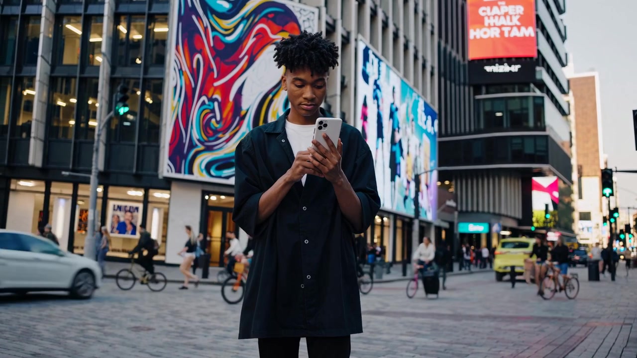Giovane che usa lo smartphone in una strada trafficata