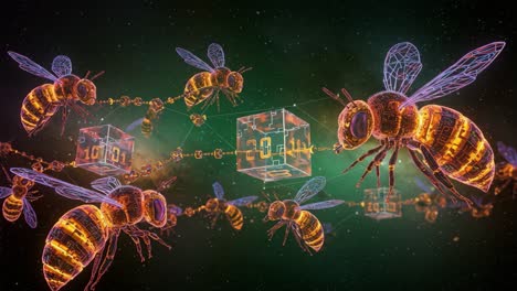 a spectacular visualization of futuristic bees interlinked with digital cubes, representing the intersection of nature and technology in an artistic display
