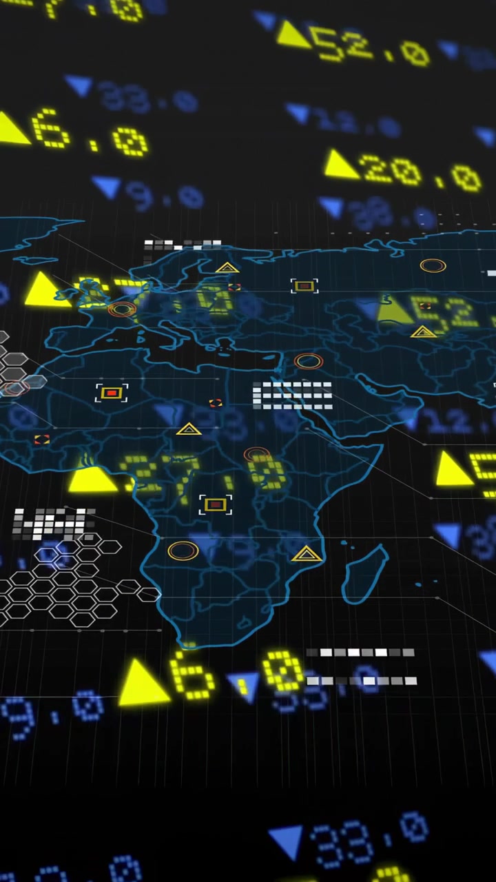 Vertical video: Zooming on LED numbers spawning blue Africa map fading markers moving showing data