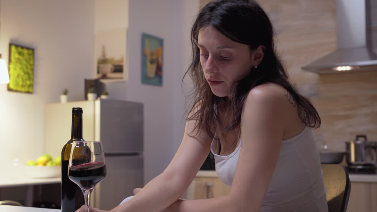 Moglie triste che beve in cucina