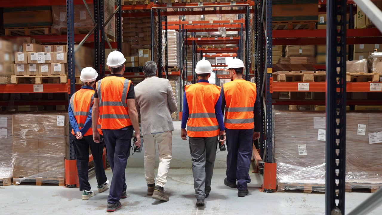 Warehouse Manager and Workers Walking Through Storage Aisle