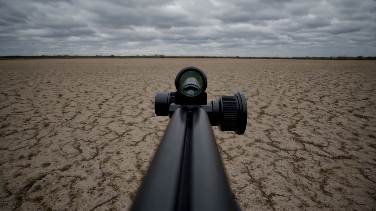Rifle Scope Aimed at a Dry, Cracked Landscape Under a Cloudy Sky