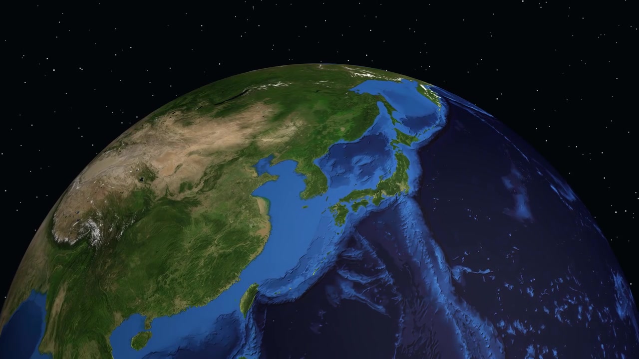 Animazione digitale zooma dallo spazio su Suwon, Corea del Sud, con statistiche sulla popolazione e un indicatore di posizione