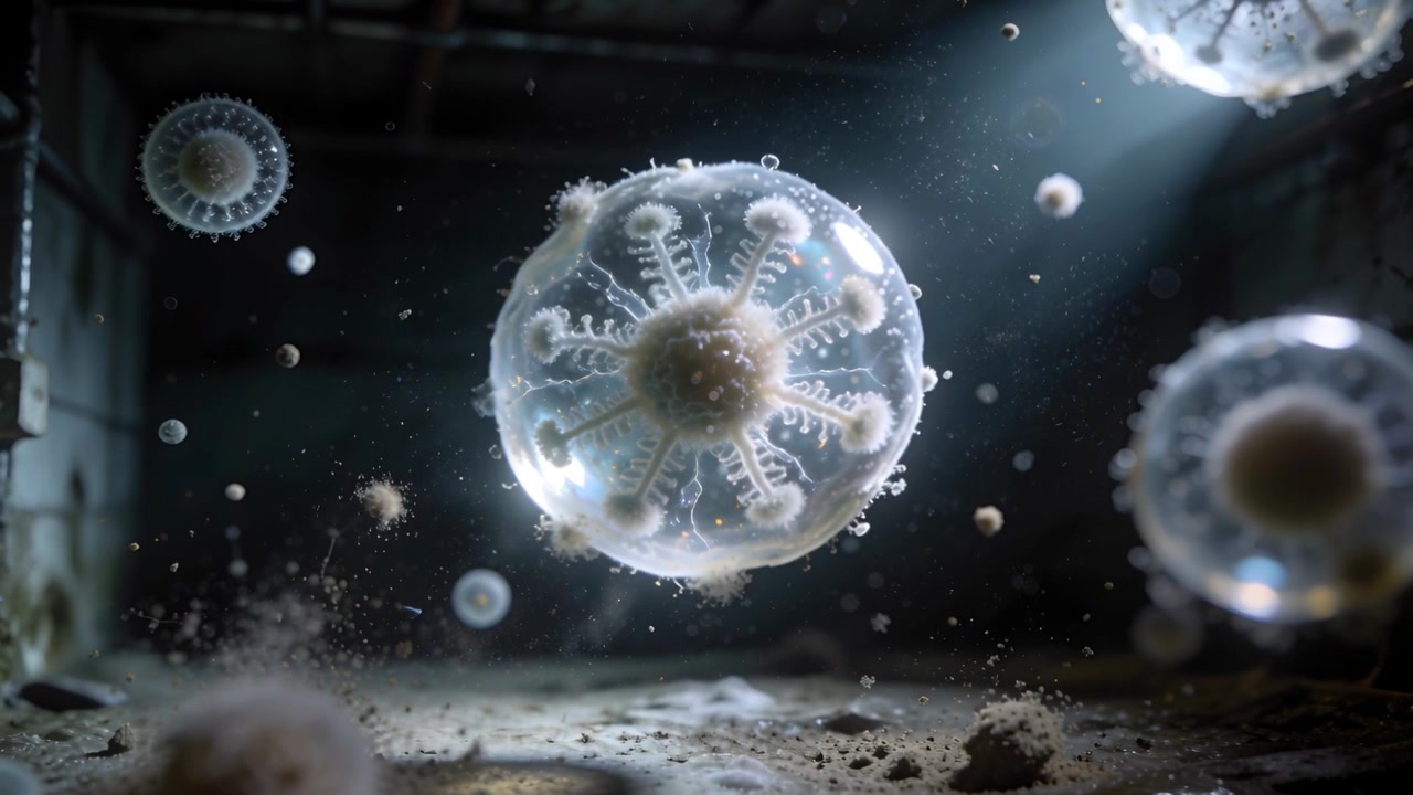 Sfera traslucida rotante che fluttua in una stanza abbandonata, reagendo a un fascio di luce e disperdendo polvere.