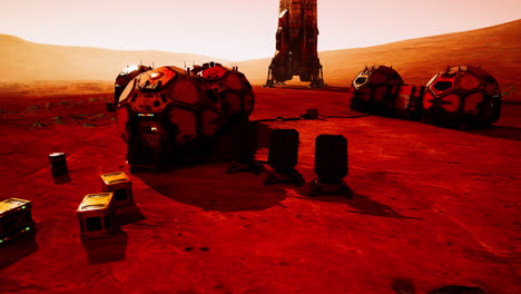 exploration of a martian base with habitats and equipment under the red sky