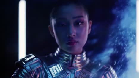 futuristic asian woman in cyberpunk armor