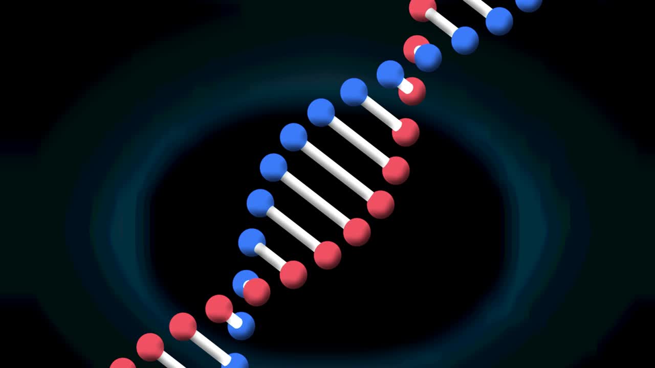 animación de una cadena de adn girando sobre un fondo azul
