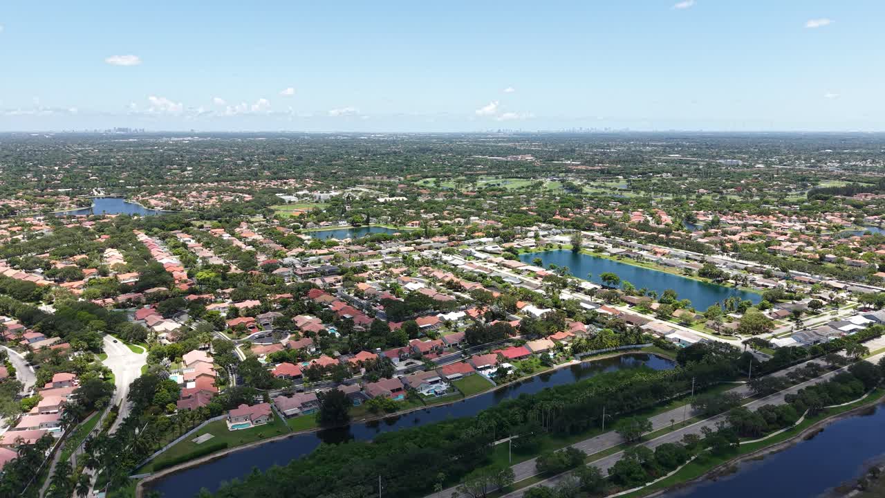 Aerial View of Fort Lauderdale Upscale Residential Community by Lakes, Homes and Landscape, Florida USA