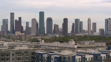 descending drone shot from downtown houston to the buffalo bayou