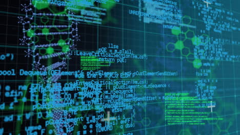 Dna structure, chemical structures and data processing against black background