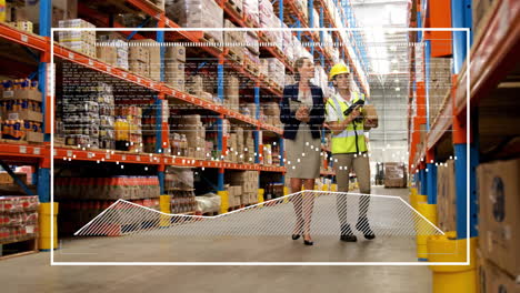 in warehouse, workers discussing inventory using animation for data visualization