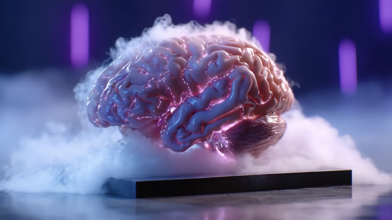 Una rappresentazione eterea di un cervello, avvolto nella nebbia e illuminato da una luce intensa, simboleggia la complessità del pensiero e della coscienza in un'atmosfera surreale.