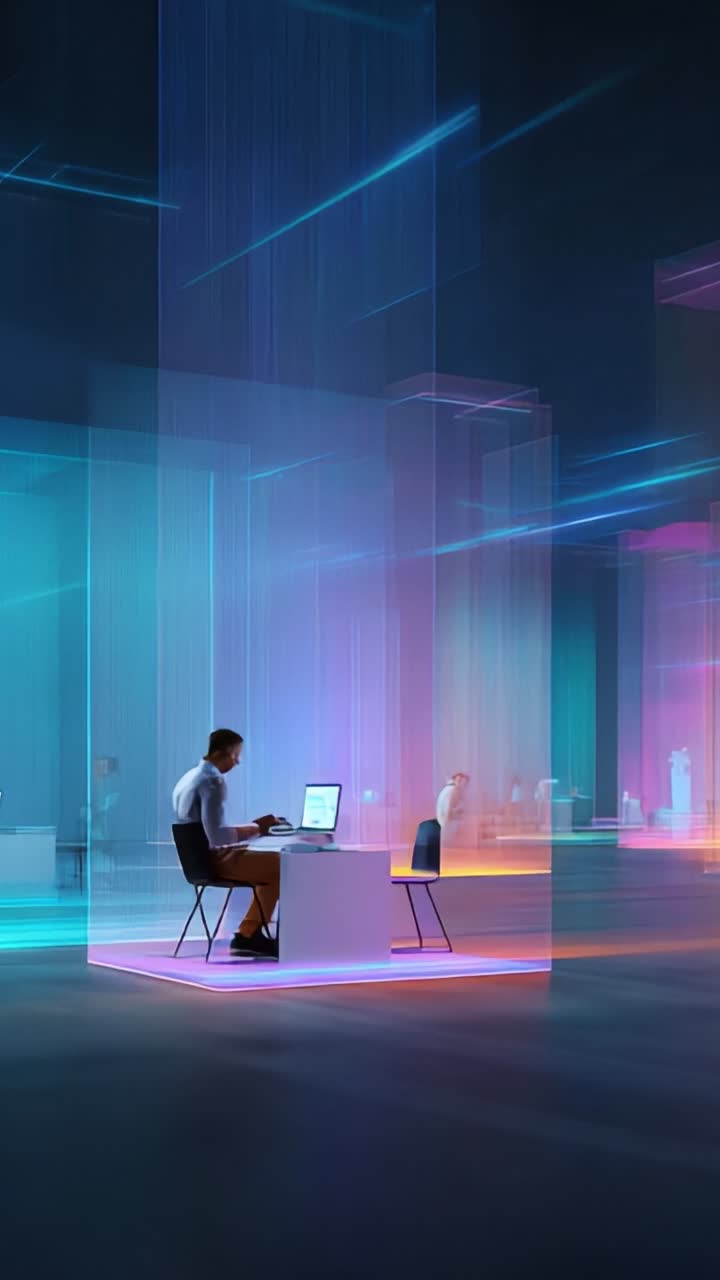 Et futuristisk kontor med en central figur, der arbejder ved en computer omgivet af abstrakte lysmønstre og et højteknologisk miljø
