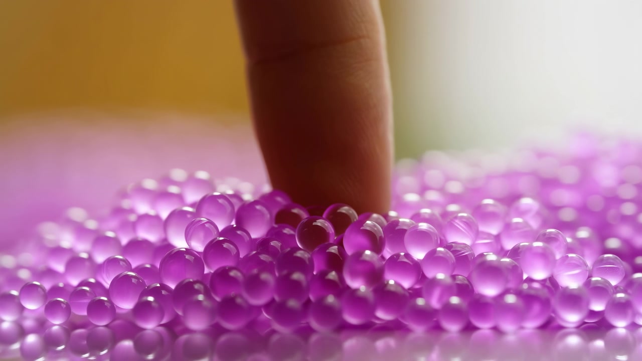 Un primo piano di un dito che tocca delicatamente perline viola su una superficie neutra, catturato da una prospettiva dall'alto. La scena è ambientata su uno sfondo pulito con ampio spazio per il testo, ideale.