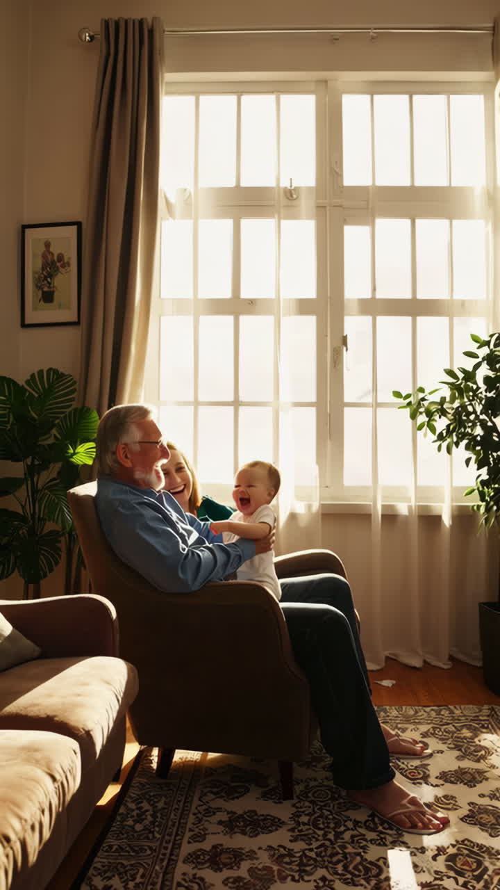 Neşeli Aile Anları: Güneşli Bir Evde Dede ve Bebek