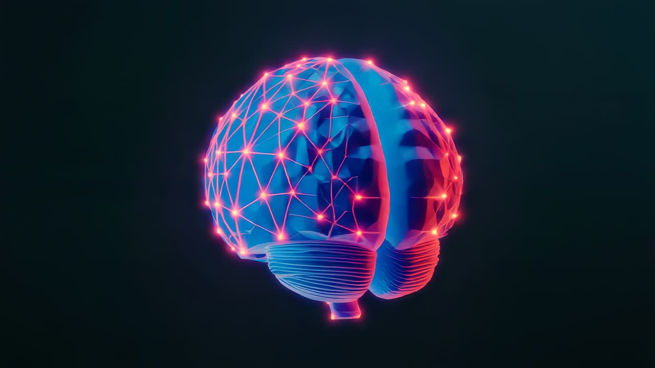 Sequence starting with 3D digital brain model rotating in dark void, revealing pulsing network