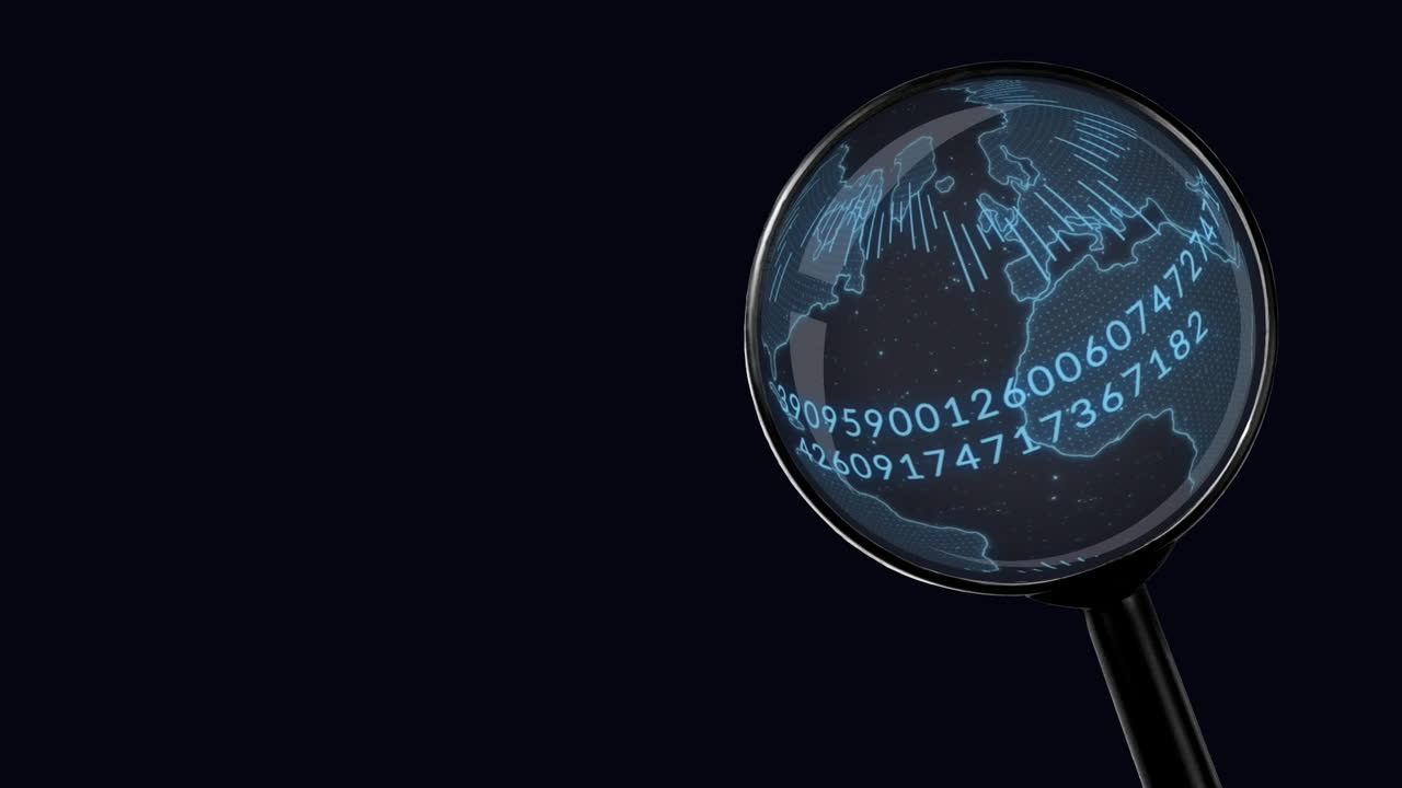 animación del mapa del mundo y lupa sobre el procesamiento de datos financieros